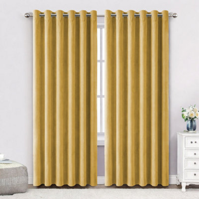 Bedlooms Ochre Crushed Velvet Curtains Blackout Thermal Insulated Eyelet Curtain (Pair) 66 X 72 Inches With Tie Back Two from B&Q
