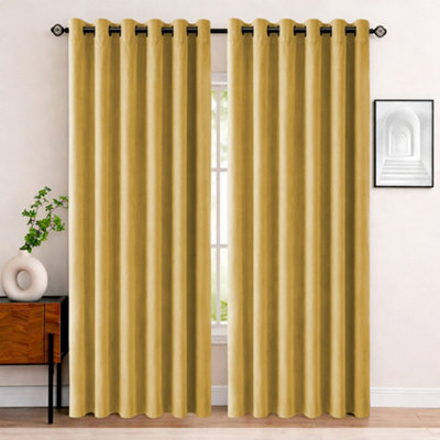 Bedlooms Ochre Crushed Velvet Curtains Blackout Thermal Insulated Eyelet Curtain (Pair) 66 X 90 Inches With Tie Back Two from B&Q