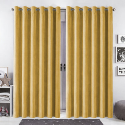Bedlooms Ochre Crushed Velvet Curtains Blackout Thermal Insulated Eyelet Curtain (Pair) 90 X 90 Inches With Tie Back Two from B&Q