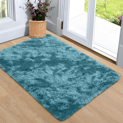 B&Q -  Tie Dye Teal Non-Slip Shaggy Rug 50X80CmModern Area Rug Living Room Bedroom Hall Rugs