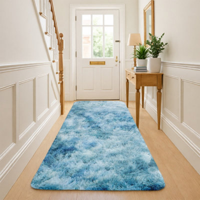 B&Q -  Tie Dye Teal Non-Slip Shaggy Runner Rug 80X150CmModern Area Rugs Living Room Bedroom Hallway Rugs