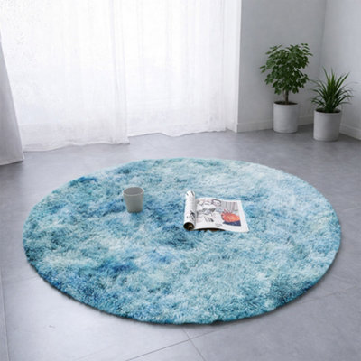 B&Q -  Tie Dye Teal Non-Slip Round Shaggy Rug 120X120CmModern Area Rug Living Room Bedroom Hall Rugs