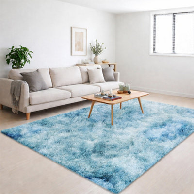 B&Q -  Tie Dye Teal Non-Slip Shaggy Rug 120X170CmModern Area Rug Living Room Bedroom Hall Rugs