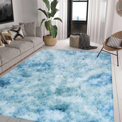 B&Q -  Tie Dye Teal Non-Slip Shaggy Rug 140X200CmModern Area Rug Living Room Bedroom Hall Rugs