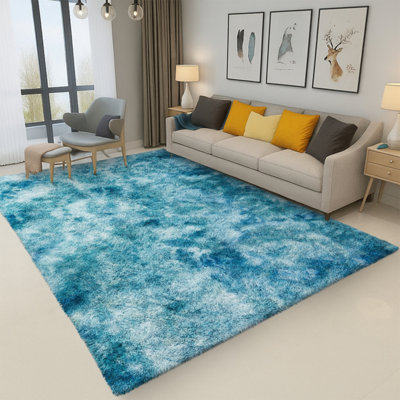 B&Q -  Tie Dye Teal Non-Slip Shaggy Rug 160X230CmModern Area Rug Living Room Bedroom Hall Rugs