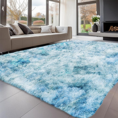 B&Q -  Tie Dye Teal Non-Slip Shaggy Rug 200X290CmModern Area Rug Living Room Bedroom Hall Rugs