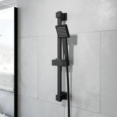 B&Q -  Bathroom Shower Kit Square Single Spray Adjustable Handset Head Riser Rail Black