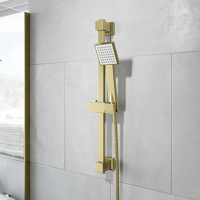 B&Q -  Bathroom Square Shower Kit 1 Spray Adjustable Handset Riser Rail Brushed Brass