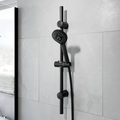 Affine Black Bathroom Round Shower Kit Spray Adjustable Handset Riser Rail Size 1