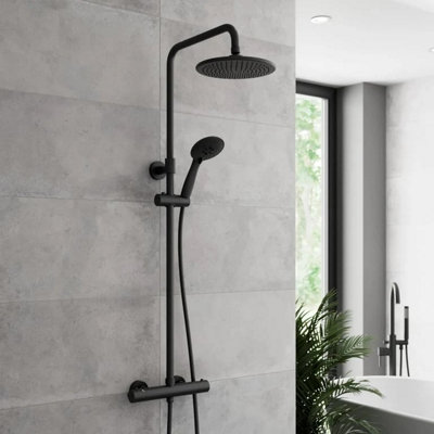 B&Q -  Thermostatic Mixer Shower Round Dual Head Riser Rail Handset Cool Touch Black