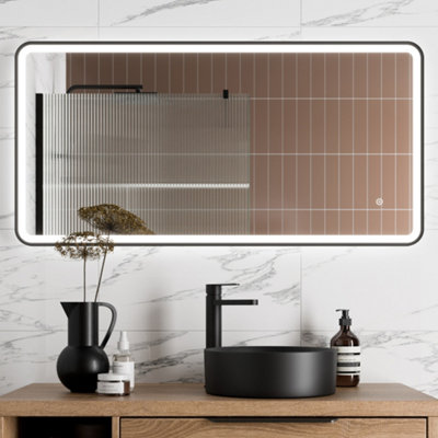 Aveli Large Rectangular Led Mirror Touch Bathroom Demister Mains Matt Black 1200X600mm
