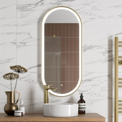 Aveli Oval Led Mirror Touch Designer Bathroom Demister Mains Brushed Brass 450X1000mm