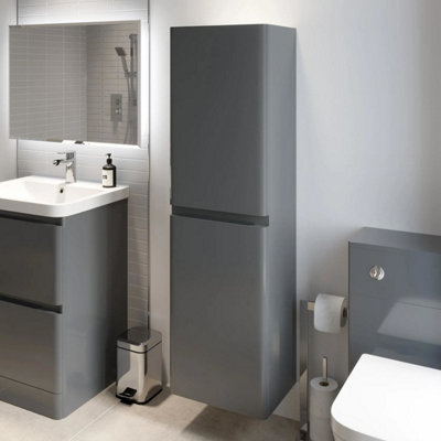 B&Q -  1400mm Tall Bathroom Wall Hung Storage Cabinet Cupboard Soft Close Gloss Grey