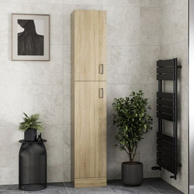 B&Q -  Bathroom Tall Unit Cabinet Oak Effect Soft Close Door Floor Standing Modern