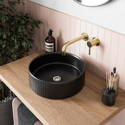 Affine Bathroom Countertop Basin Sink Fluted Matt Black Round Modern 360 X 360mm from B&Q