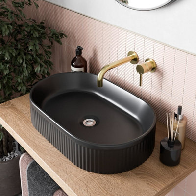 Affine Bathroom Countertop Basin Sink Fluted Matt Black Oval Modern 573 X 358mm from B&Q