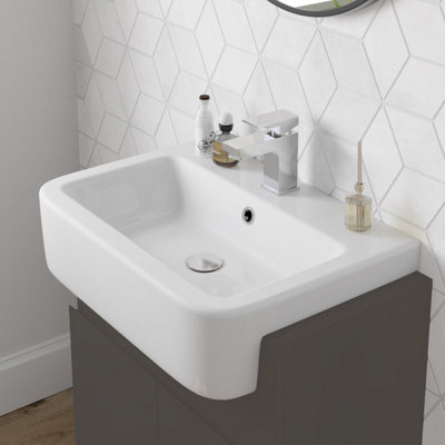 Aveli Bathroom 600mm Wash Basin Sink White Gloss Modern Curved Semi-Recessed 1Th from B&Q