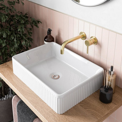 Affine Bathroom Countertop Basin Sink Fluted Gloss White Rectangular Modern 503 X 365mm from B&Q