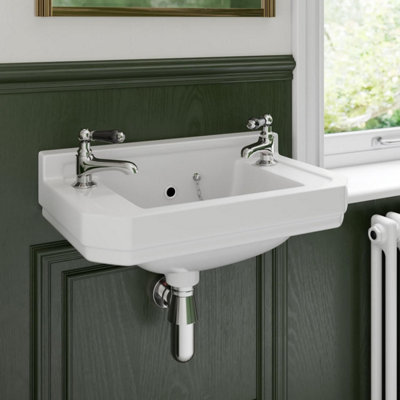 Affine Wall Hung Bathroom Sink Basin Gloss Traditional 2 Tap Hole Cloakroom White