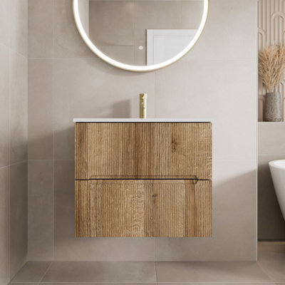 Affine 600mm Bathroom Cloakroom Vanity Unit Basin Sink Wall Hung Fluted Oak Unit from B&Q