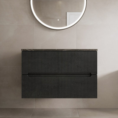 Affine 800mm Bathroom Vanity Unit Grey Marble Countertop Wall Hung Black Fluted Unit from B&Q