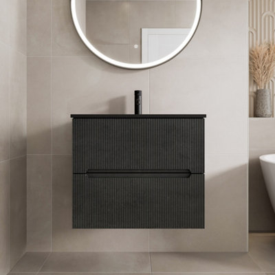 Affine 600mm Bathroom Cloakroom Vanity Unit Basin Sink Wall Hung Fluted Black Unit from B&Q