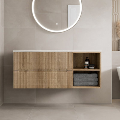 B&Q -  1200mm Bathroom Vanity Unit White Marble Countertop Wall Hung Fluted Oak Unit