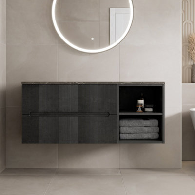 B&Q -  1200mm Bathroom Vanity Unit Grey Marble Countertop Wall Hung Fluted Black Unit