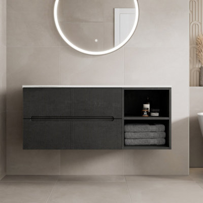 B&Q -  1200mm Bathroom Vanity Unit White Marble Countertop Wall Hung Fluted Black Unit