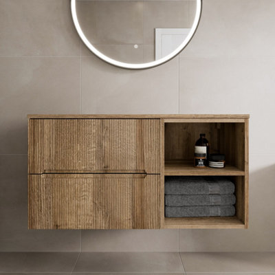 Affine 1000Mm Bathroom Vanity Unit Countertop Wall Hung Fluted Oak Unit No Basin Size 25