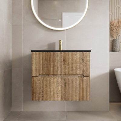 Affine 600mm Bathroom Cloakroom Vanity Unit Basin Sink Wall Hung Fluted Oak Unit from B&Q