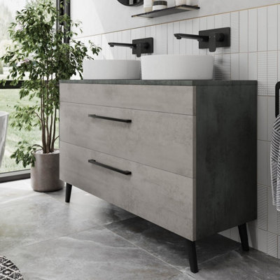 B&Q -  Bathroom Vanity Unit Double Basin Sink Cabinet Soft Close Drawer 1200mm Grey