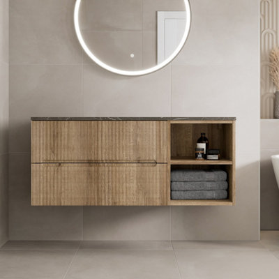 B&Q -  1200mm Bathroom Vanity Unit Grey Marble Countertop Wall Hung Fluted Oak Unit