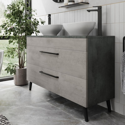 B&Q -  Bathroom Vanity Unit Double Basin Sink Cabinet Soft Close Drawer Grey 1200mm