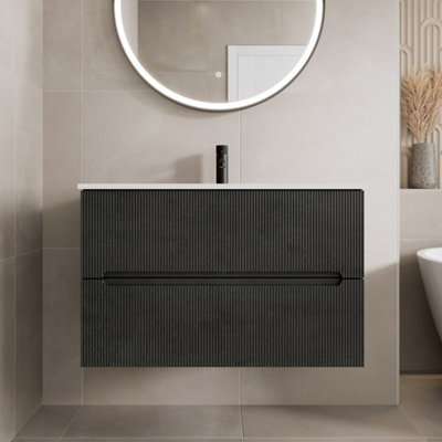 Affine 800mm Bathroom Cloakroom Vanity Unit Basin Sink Wall Hung Black Fluted Unit from B&Q