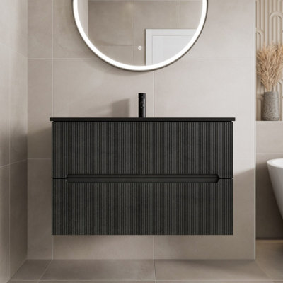 Affine 800mm Bathroom Cloakroom Vanity Unit Basin Sink Wall Hung Black Fluted Unit from B&Q