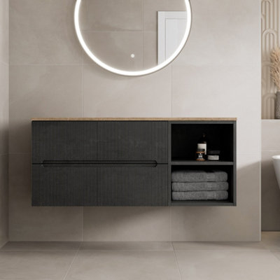 B&Q -  1200mm Bathroom Vanity Unit Oak Countertop Wall Hung Fluted Black Unit No Basin