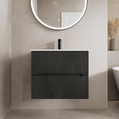 Affine 600mm Bathroom Cloakroom Vanity Unit Basin Sink Wall Hung Fluted Black Unit from B&Q