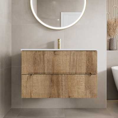 Affine 800mm Bathroom Cloakroom Vanity Unit Basin Sink Wall Hung Fluted Oak Fluted Unit from B&Q