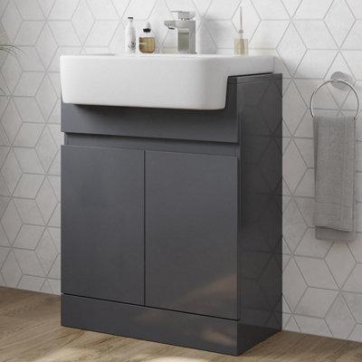 Affine Freestanding Vanity Unit With Basin Ceramic Semi Recessed Sink 620mm Grey Gloss from B&Q