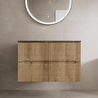 Affine 800mm Bathroom Vanity Unit Grey Marble Countertop Wall Hung Fluted Oak Unit from B&Q