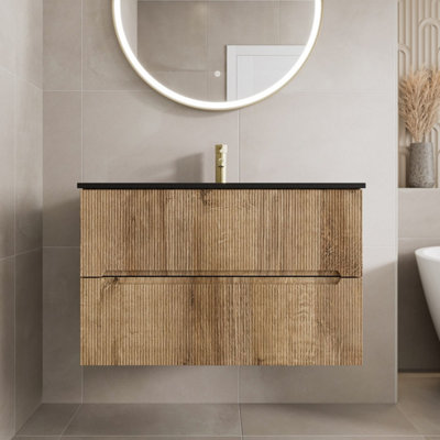 Affine 800mm Bathroom Cloakroom Vanity Unit Basin Sink Wall Hung Fluted Oak Fluted Unit from B&Q