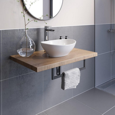 Affine Bathroom Wall Hung Floating Shelf Wash Basin Sink Towel Rail Storage Beige 600mm