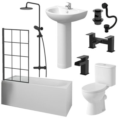 Affine Complete Bathroom Suite Black Bath Shower Screen Basin Pedestal Taps Toilet 1700 from B&Q