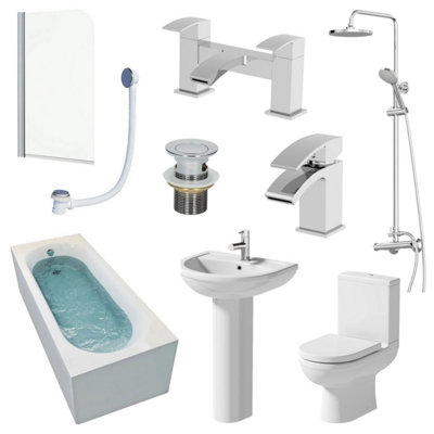 Affine Complete Bathroom Suite 1700mm Bath Shower Toilet Pedestal Basin Taps Screen from B&Q