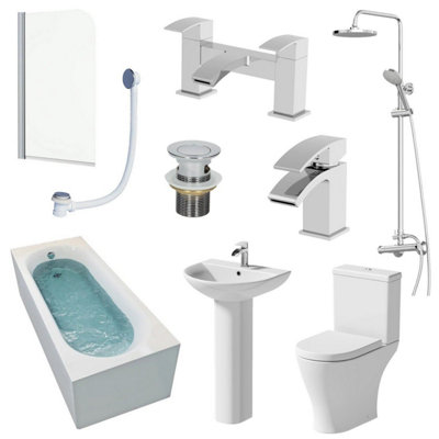 Affine Bathroom Suite 1700mm Single Ended Bath Shower Toilet Pedestal Basin Taps Screen from B&Q