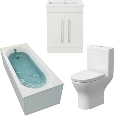 Affine White 1700Mm Gloss Bathroom Suite Straight Bath Toilet Basin Sink Vanity Unit Small B&Q