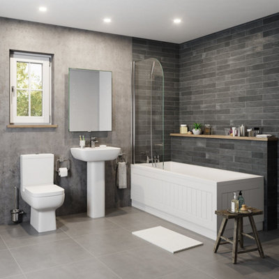 Affine Bathroom Suite Pedestal Basin Sink Close Coupled Toilet & Straight Bath Bathtub from B&Q