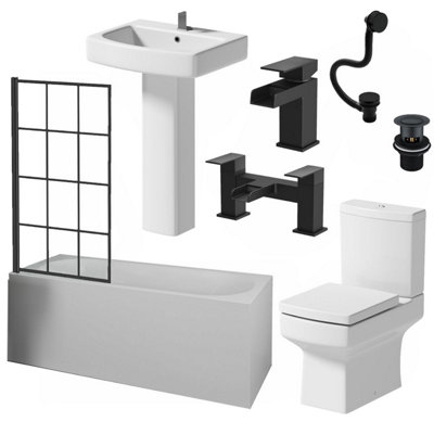 Affine 1700mm Bathroom Suite Bath Screen Basin Full Pedestal Toilet Wc Taps Waste from B&Q