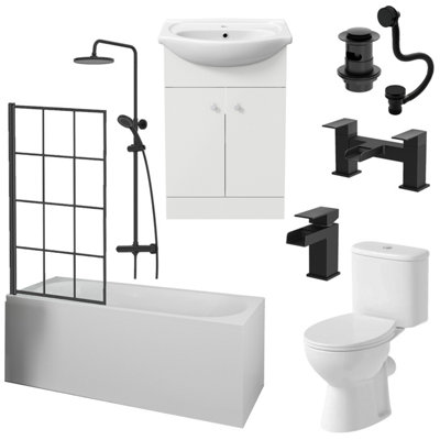 Affine Complete Bathroom Suite Black Bath Shower Screen Basin Vanity Taps Toilet 1700 from B&Q